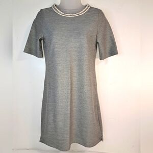 NEW Lila Rose Dress Rhinestone Trim Neck Short Sleeve Pop Over Metallic Gray XS